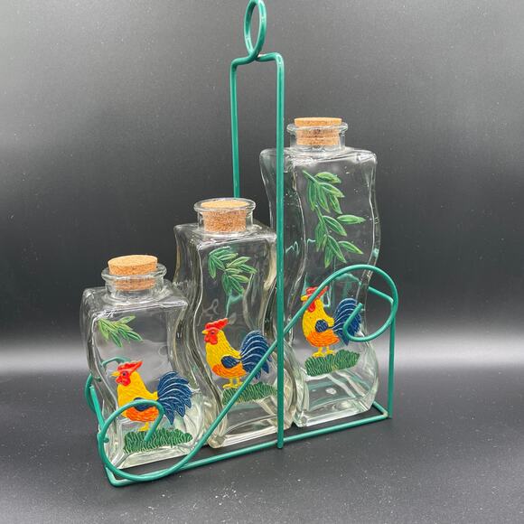 Vintage Hand Painted Rooster Jars with Corks and Carrier - Picture 1 of 9